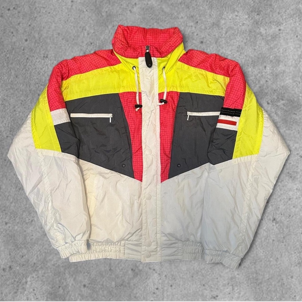 Vintage 80s Retro Kaelin Tech puffer jacket in white, red, yellow and black.